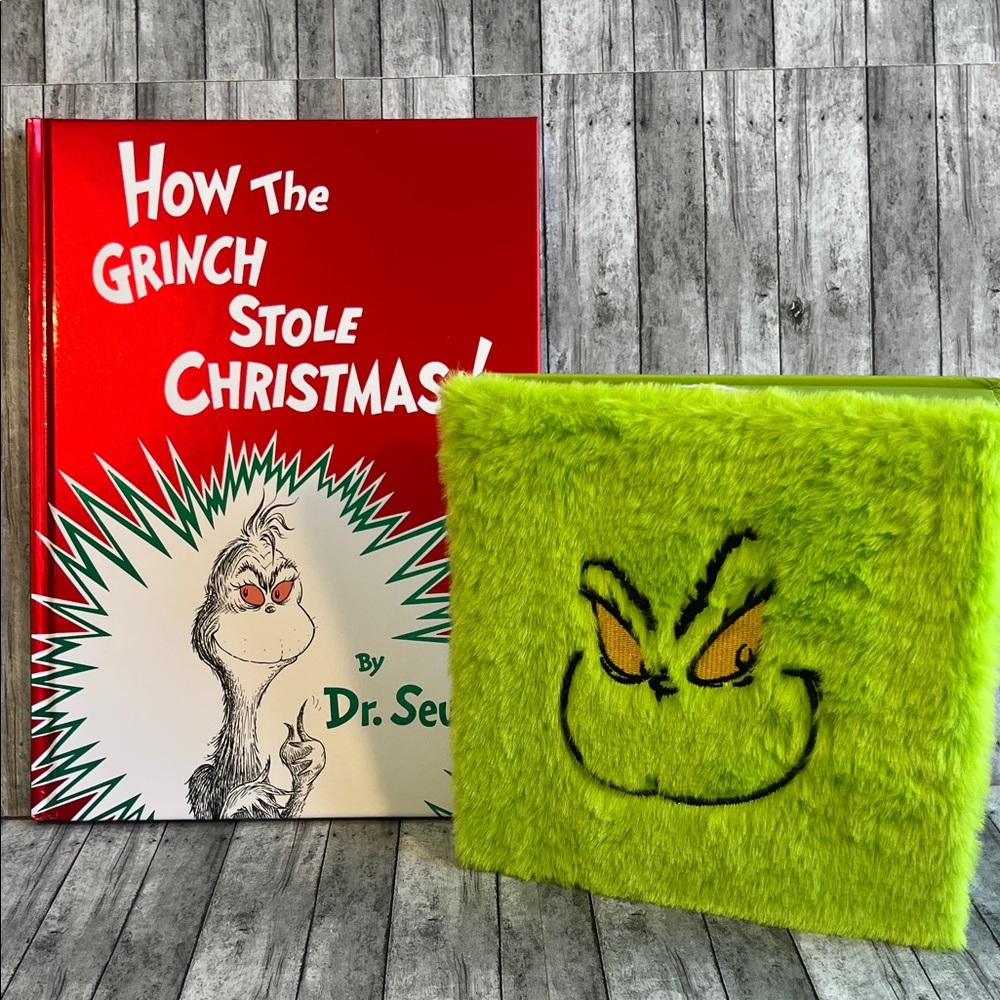 Dr. Seuss Bright Green & Red Grinch Book with Fuzzy Grinch Box w/ socks